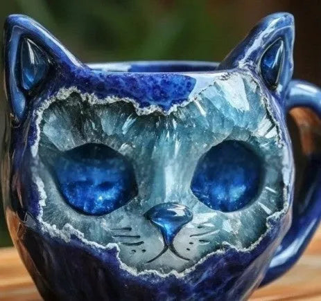 Purple handmade synthetic resin geode mug with crystal design, measuring 11cm tall.