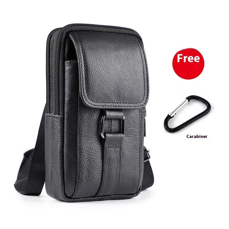 Men's black leather crossbody waist bag showing vertical square shape and lock detail.