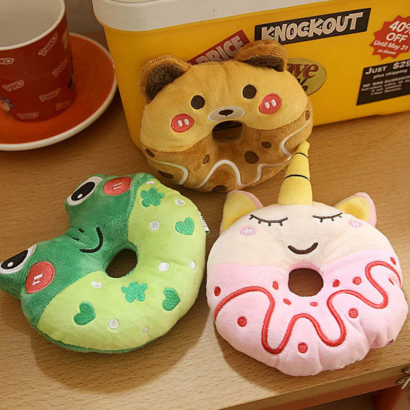 Plush donut sound toy for small and medium pets in bear, frog and unicorn colours with PE bag