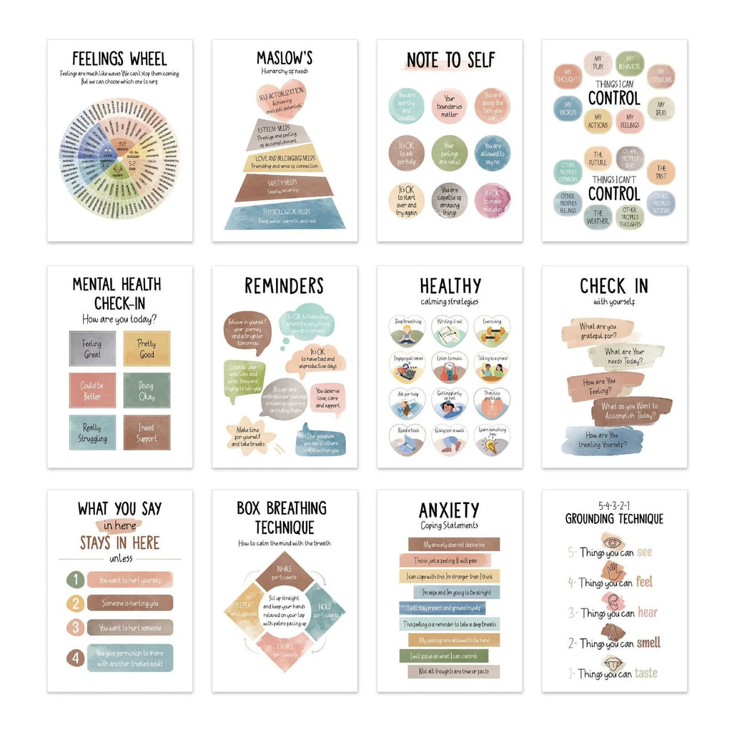 Set of 12 mental health posters on coated paper with bright film finish, 255x355mm each, with glue dots