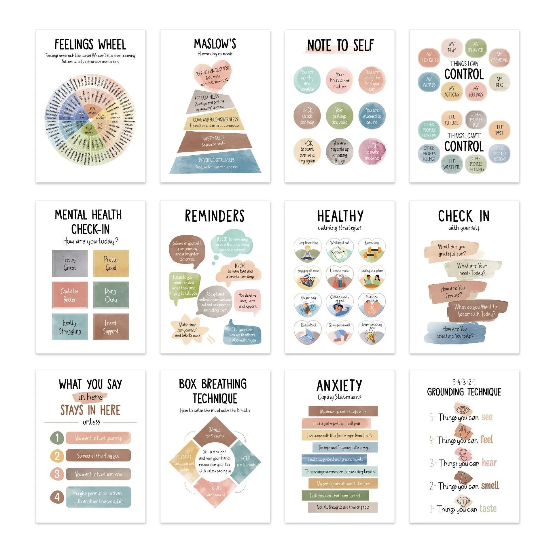 Set of 12 mental health posters on coated paper with bright film finish, 255x355mm each, with glue dots
