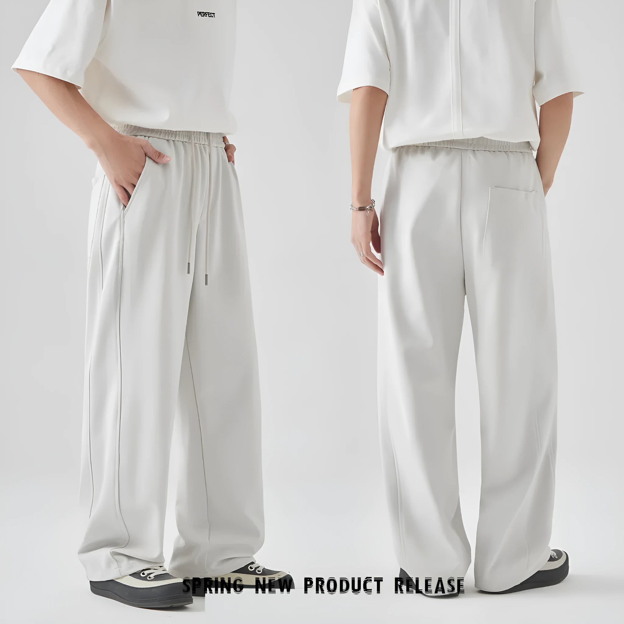 Men's cotton blend straight leg trousers in Paris grey colour showing high waist design with lace-up closure