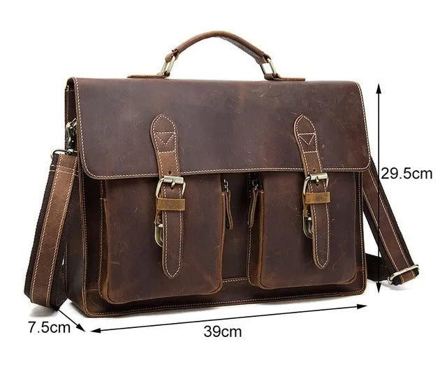 Yellow brown Crazy Horse leather messenger bag with shoulder strap and cowhide construction