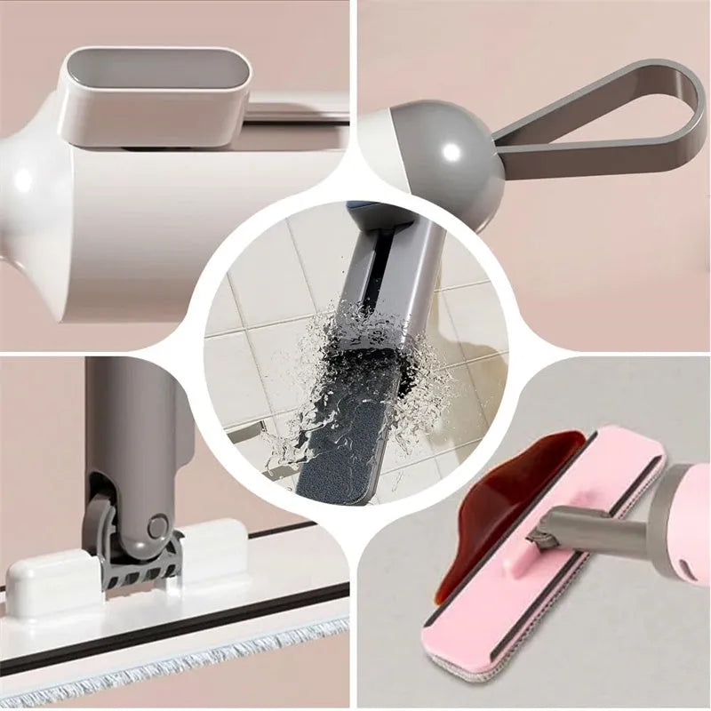 Pink rotatable self-squeeze mini flat mop with microfiber pad and sliding rod mechanism