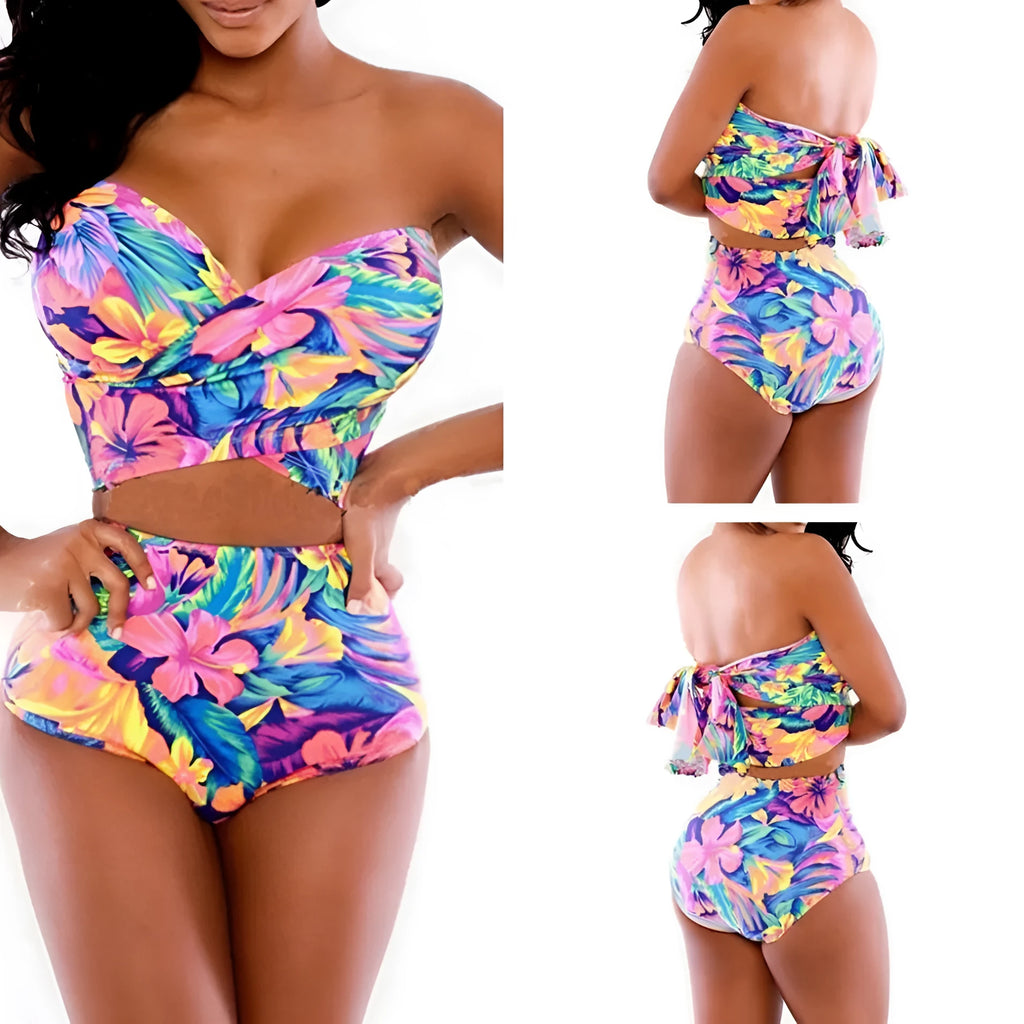 Red two-piece printed swimsuit with chest wrap top and pants on model