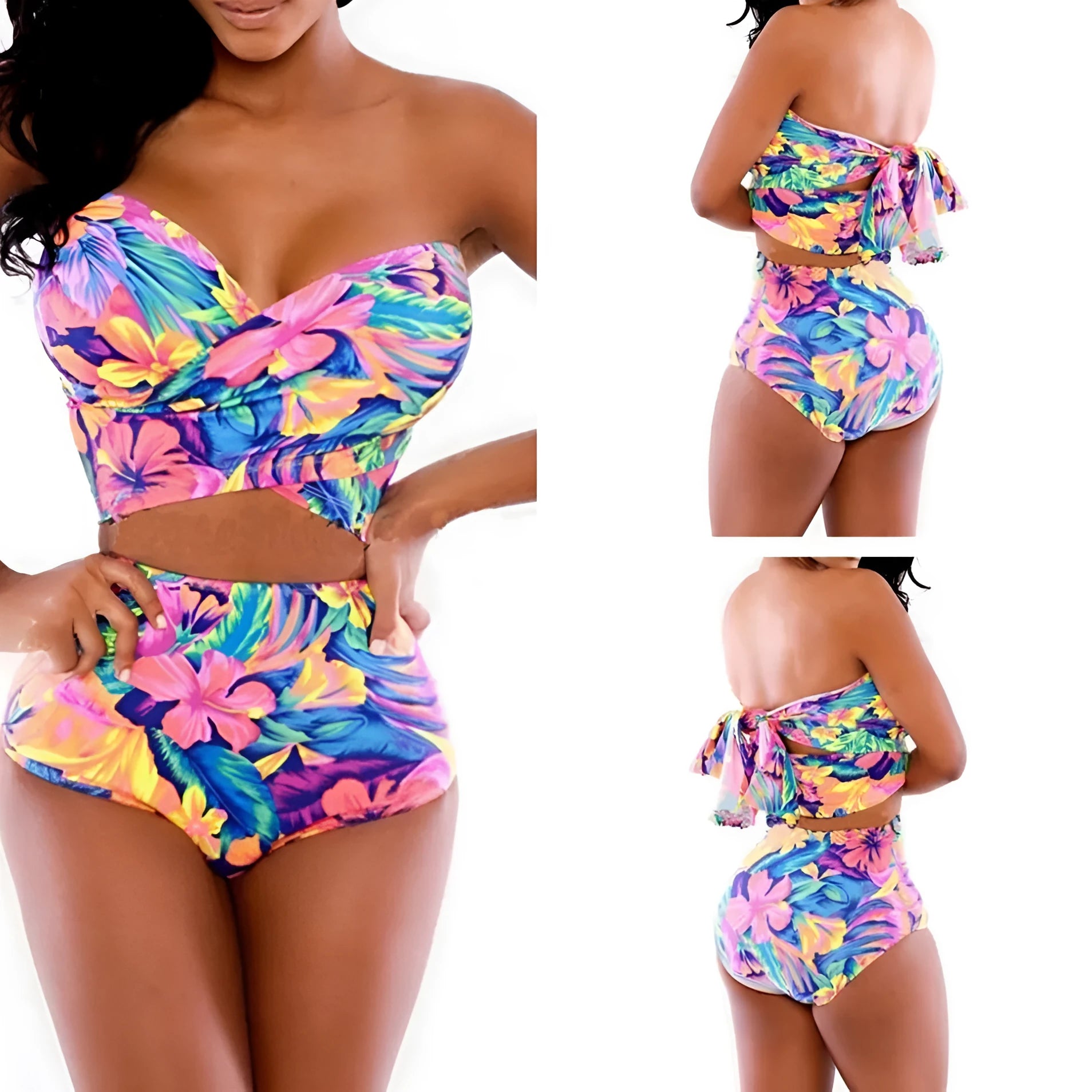 Red two-piece printed swimsuit with chest wrap top and pants on model
