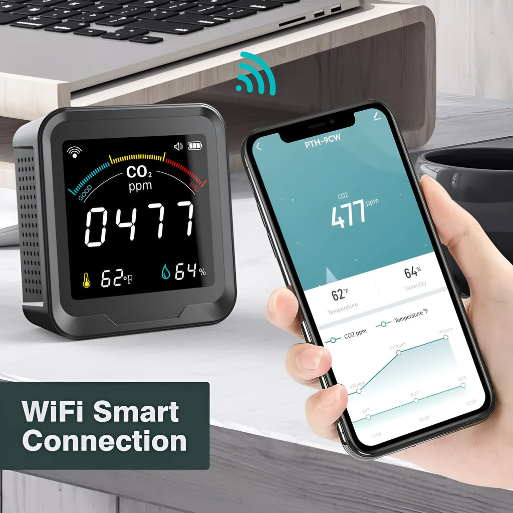 Front view of black LED colour screen WiFi temperature humidity and CO2 sensor with display