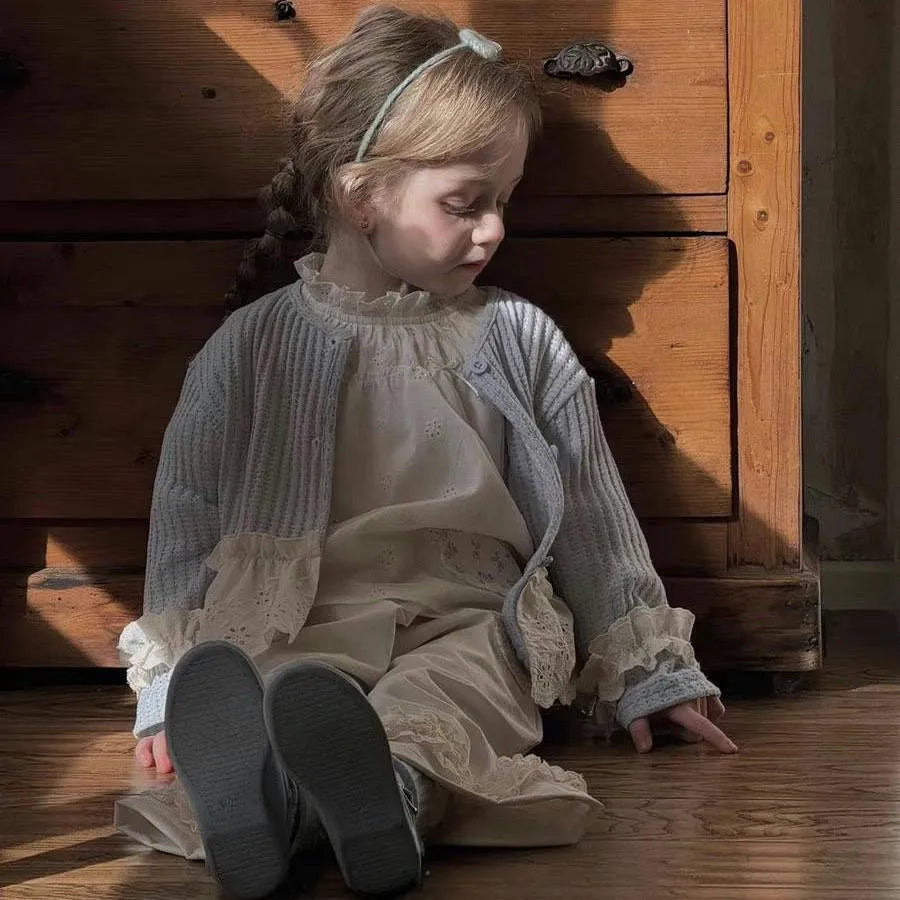 Girls mori style three-piece suit with knitted cardigan beige shirt and wide-leg cake pants in cotton