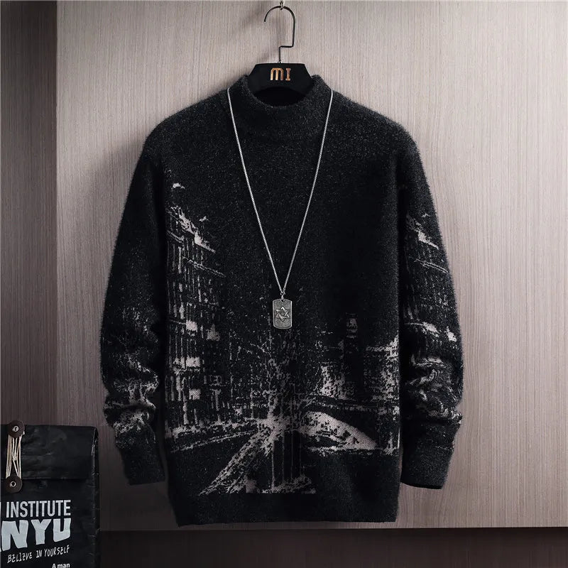 Autumn winter thick mink velvet round neck long sleeve pullover sweater in gray with slim fit and printed details for women
