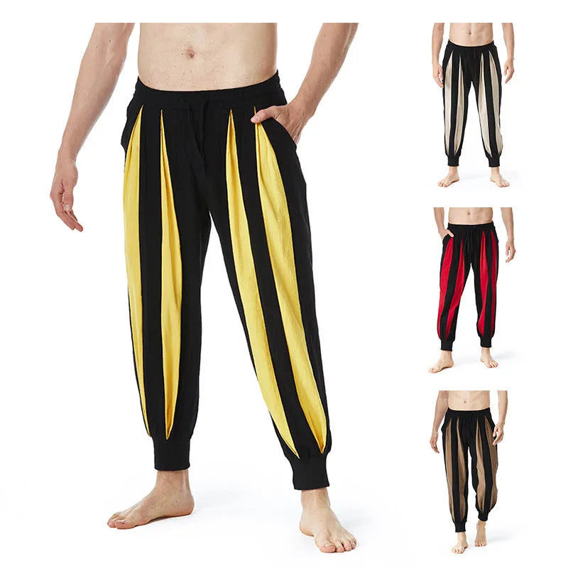 Men's straight-leg casual trousers in polyester available in red, khaki, yellow, and brown colours