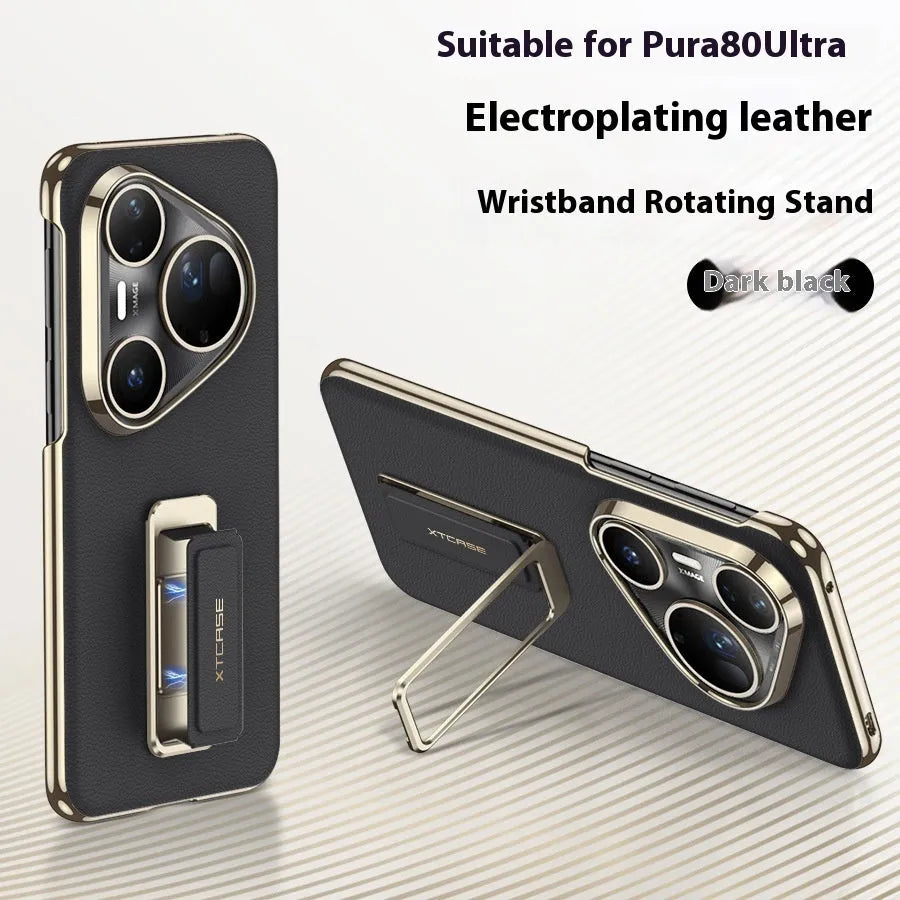 Imitation leather Huawei Pura phone case with a rotating wrist strap bracket in gold, red, and black colours.