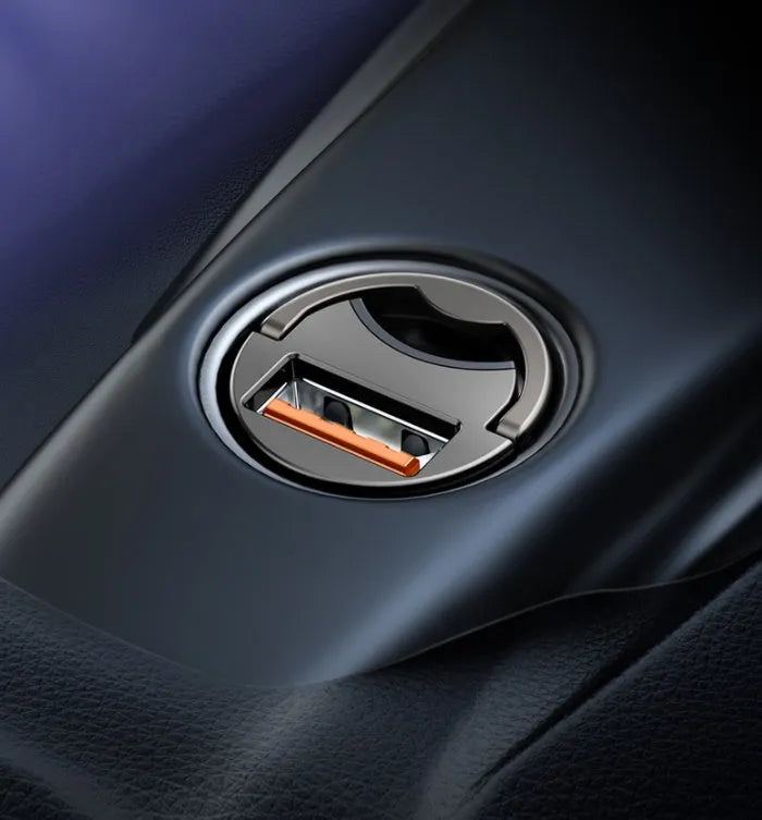 Electro-optical grey 30W USB car charger with a 1 metre long cable plugged into a vehicle socket.