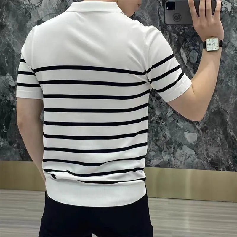 Black and white striped lapel knitted t-shirt with pullover design