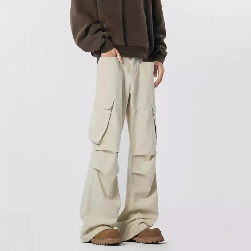 Men's straight leg casual trousers in black with high waist design and cardigan button fly