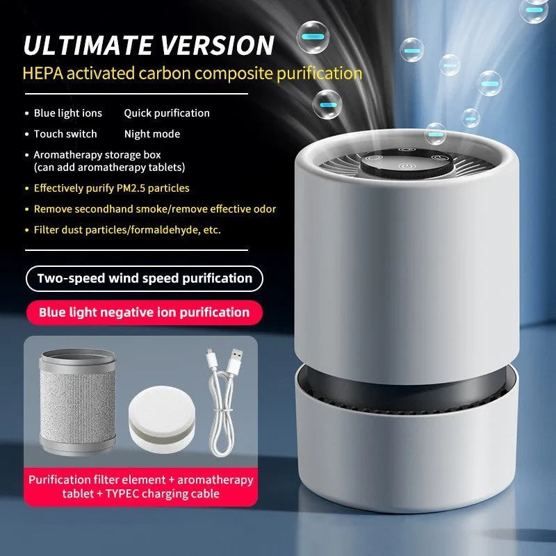 White EJ-JHQ101 desktop air purifier with USB cable for small room air cleaning