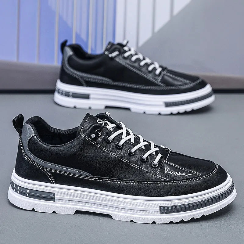 Men's black and white platform sneakers with elastic band closure and round toe design