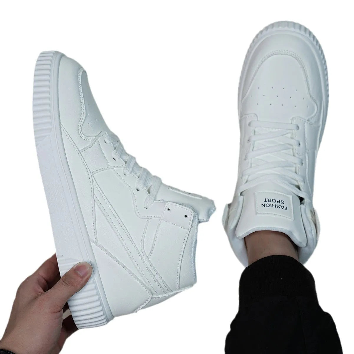 White men's casual round toe shoes with microfibre upper for autumn and winter.