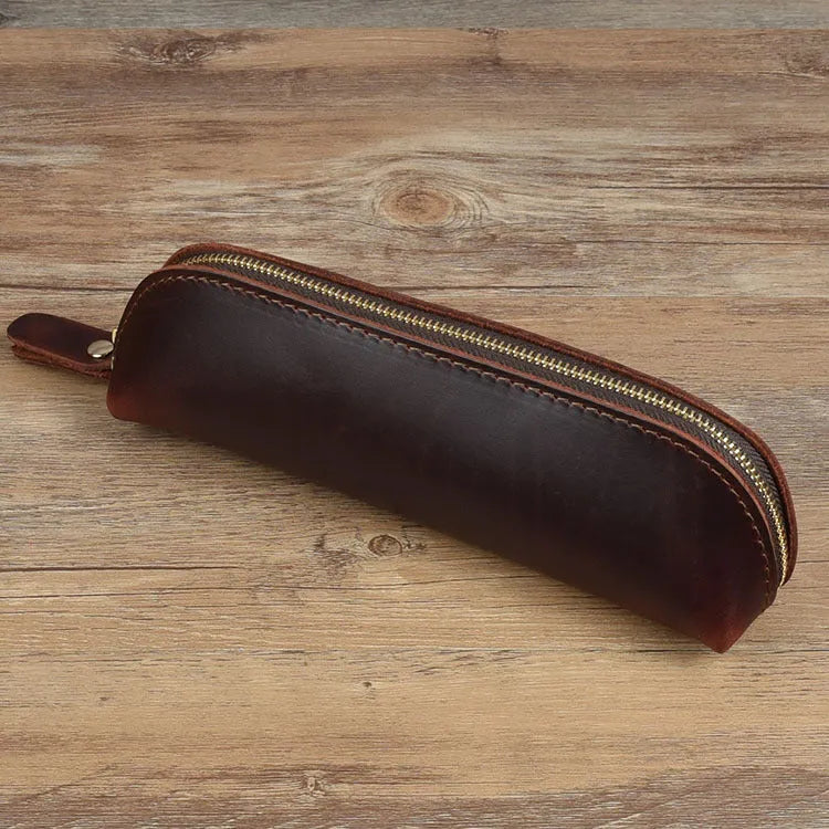 Handmade genuine leather pencil case in square design with zipper closure