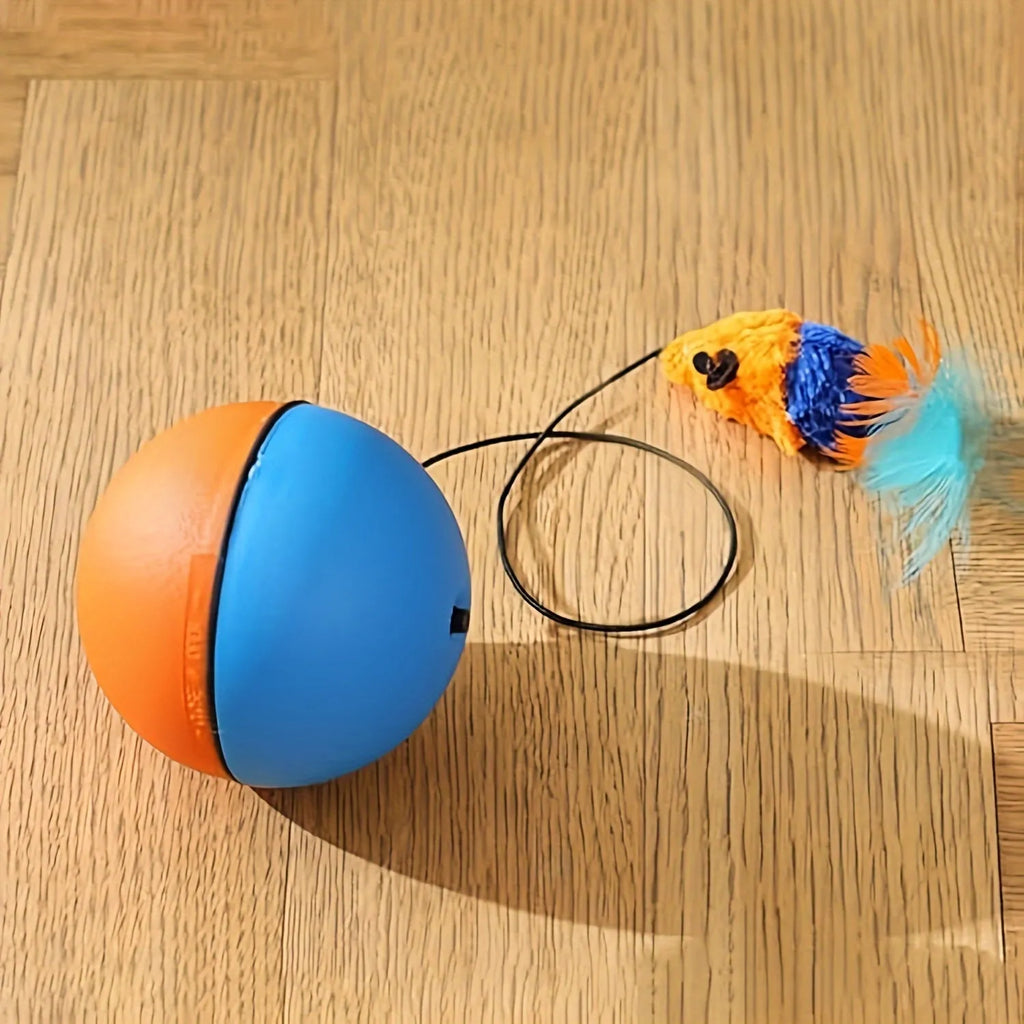 Interactive cat toy ball with plush mouse attachment showing blue and orange colours