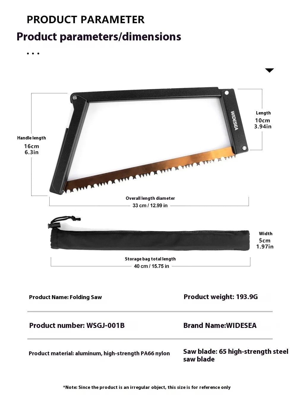 Black foldable outdoor survival saw with aluminium and nylon frame, showing folded design.