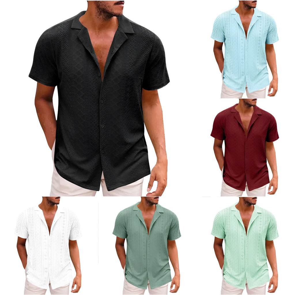 Breathable lightweight lapel men's casual shirt in cardigan style, regular fit, polyester fibre fabric, available in multiple colours