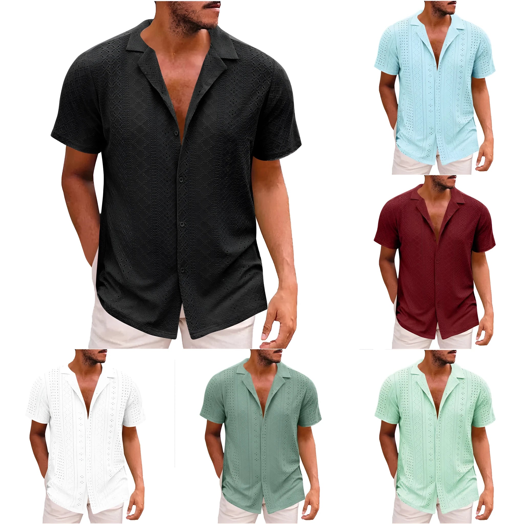 Breathable lightweight lapel men's casual shirt in cardigan style, regular fit, polyester fibre fabric, available in multiple colours