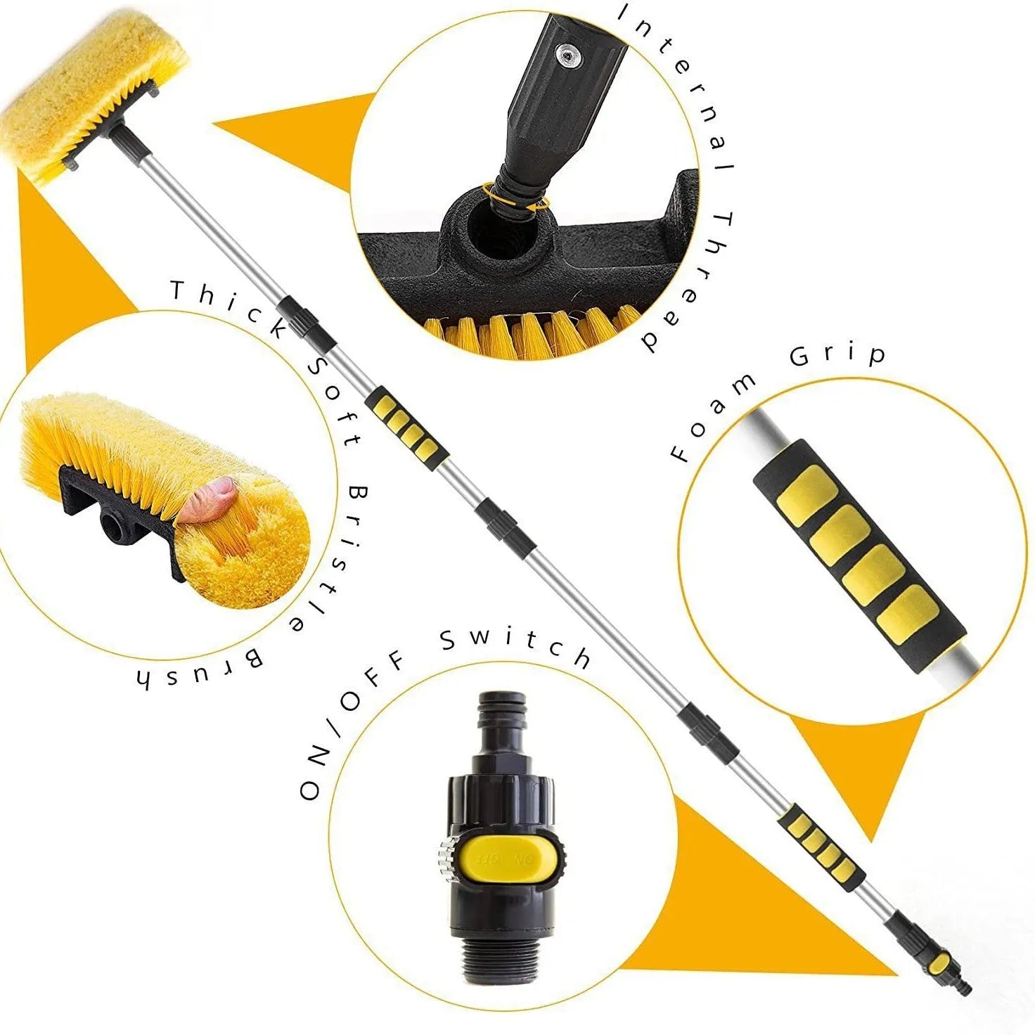 Portable car wash brush with removable four-section rod and flow-through brush head in yellow colour