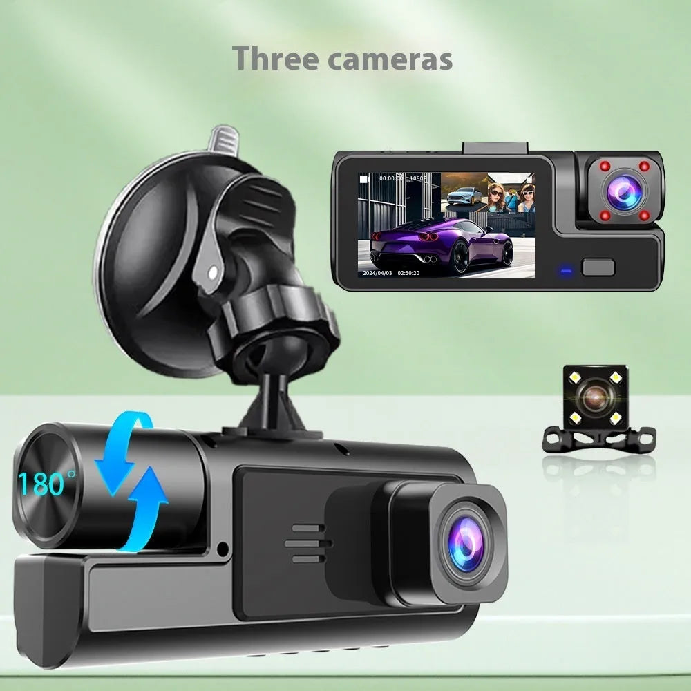 Black WiFi driving recorder with 2-inch screen mounted on car windscreen, showing dual camera setup.