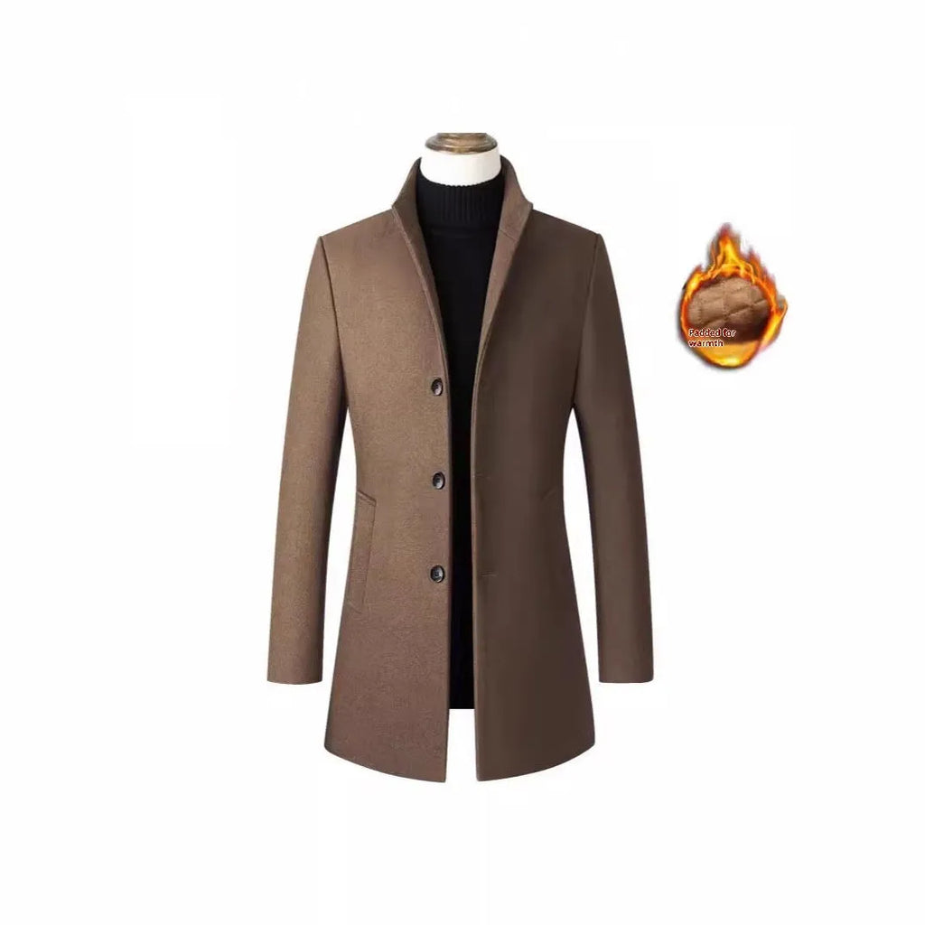 Men's single-breasted stand collar coat in solid colour with side pockets, wool-blend fabric, available in multiple colours and sizes