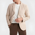 Business casual slim fit double button suit jacket with bag cover seam pocket in polyester blend, white button variant