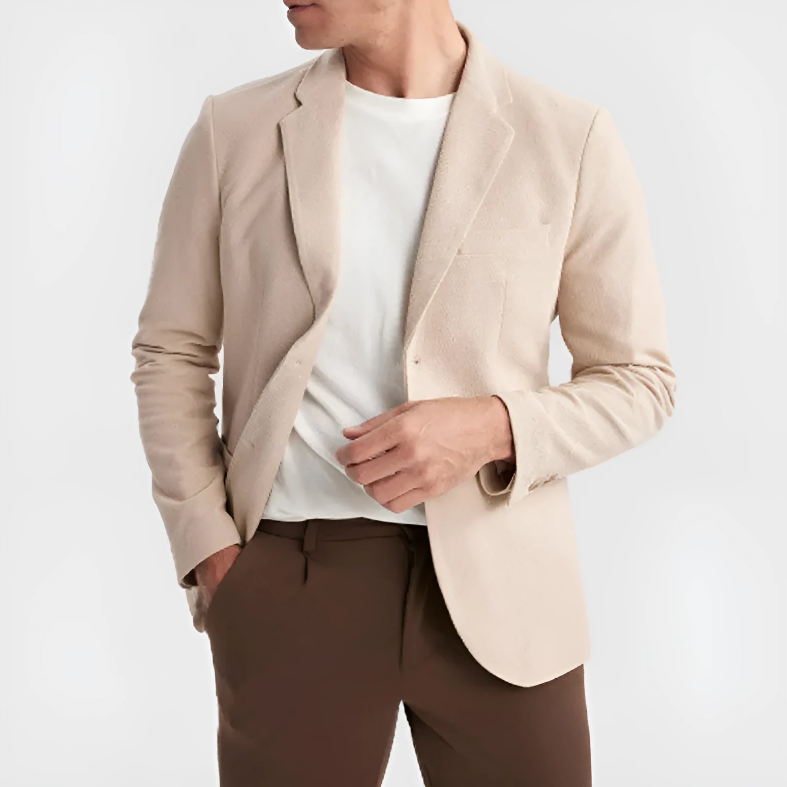 Business casual slim fit double button suit jacket with bag cover seam pocket in polyester blend, white button variant
