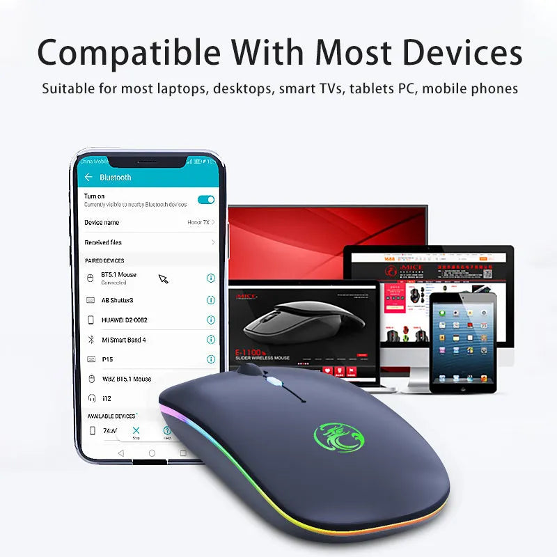 White dual-mode wireless mouse with silent buttons on a wooden desk next to a laptop.