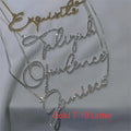 Personalised stainless steel name necklace with diamond-studded letters in silver, shown at an adjustable length.