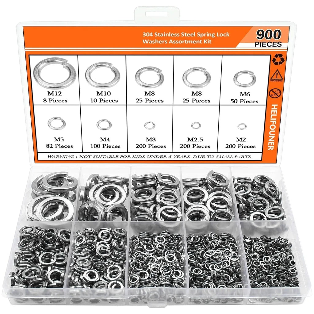 Open box showing assortment of small, silver 304 stainless steel spring lock washers in organised compartments.