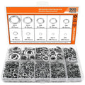Open box showing assortment of small, silver 304 stainless steel spring lock washers in organised compartments.