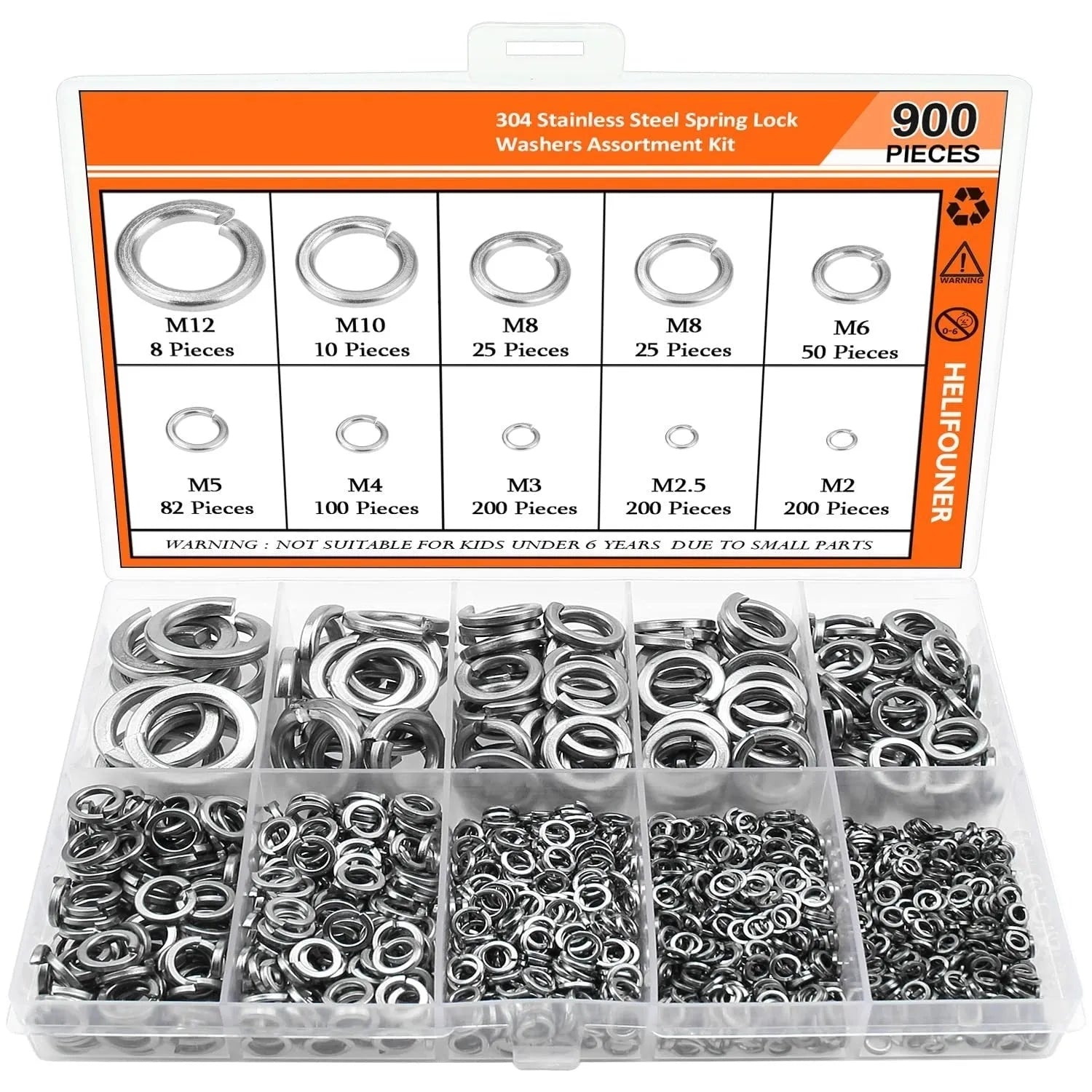 Open box showing assortment of small, silver 304 stainless steel spring lock washers in organised compartments.