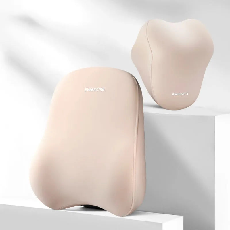 Car headrest pillow and lumbar support pillow set in beige, made from polyester fabric with memory foam filler.