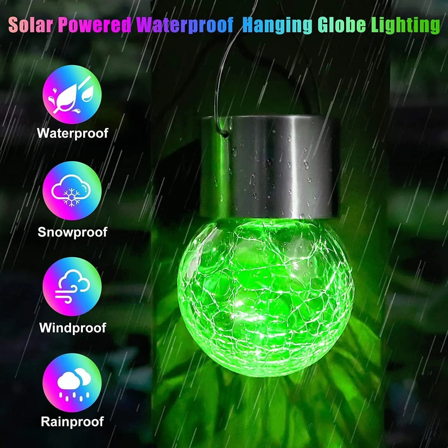Outdoor solar glass ball chandelier with LED light in a garden, available in colourful, warm, or white light
