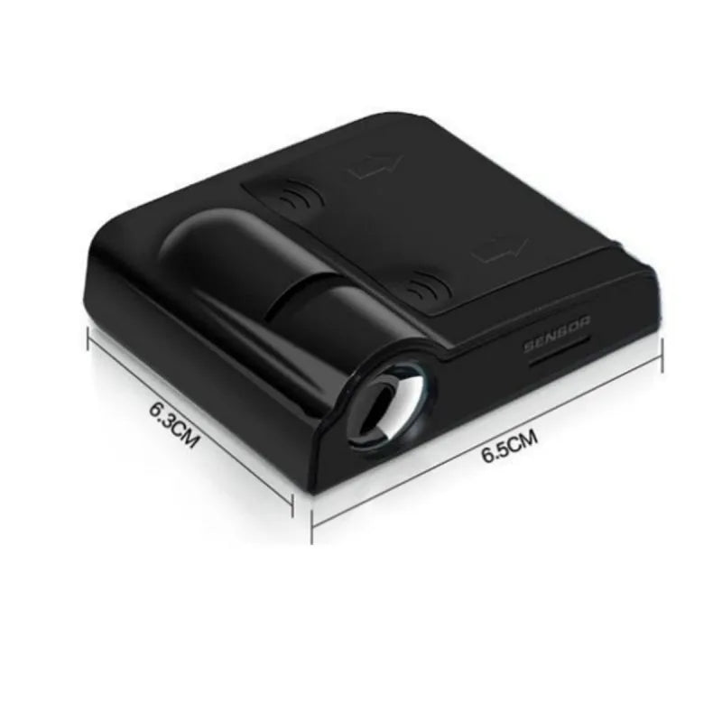 Two black wireless car LED welcome door projection lights with 3D logo display, plastic housing