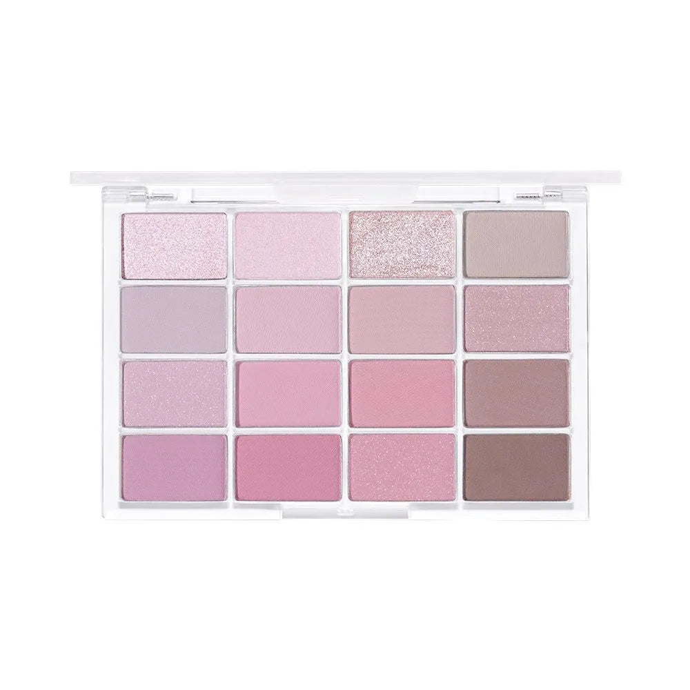 16 colour eye shadow palette with crouching silkworm design showing pink and brown shimmer matte shades