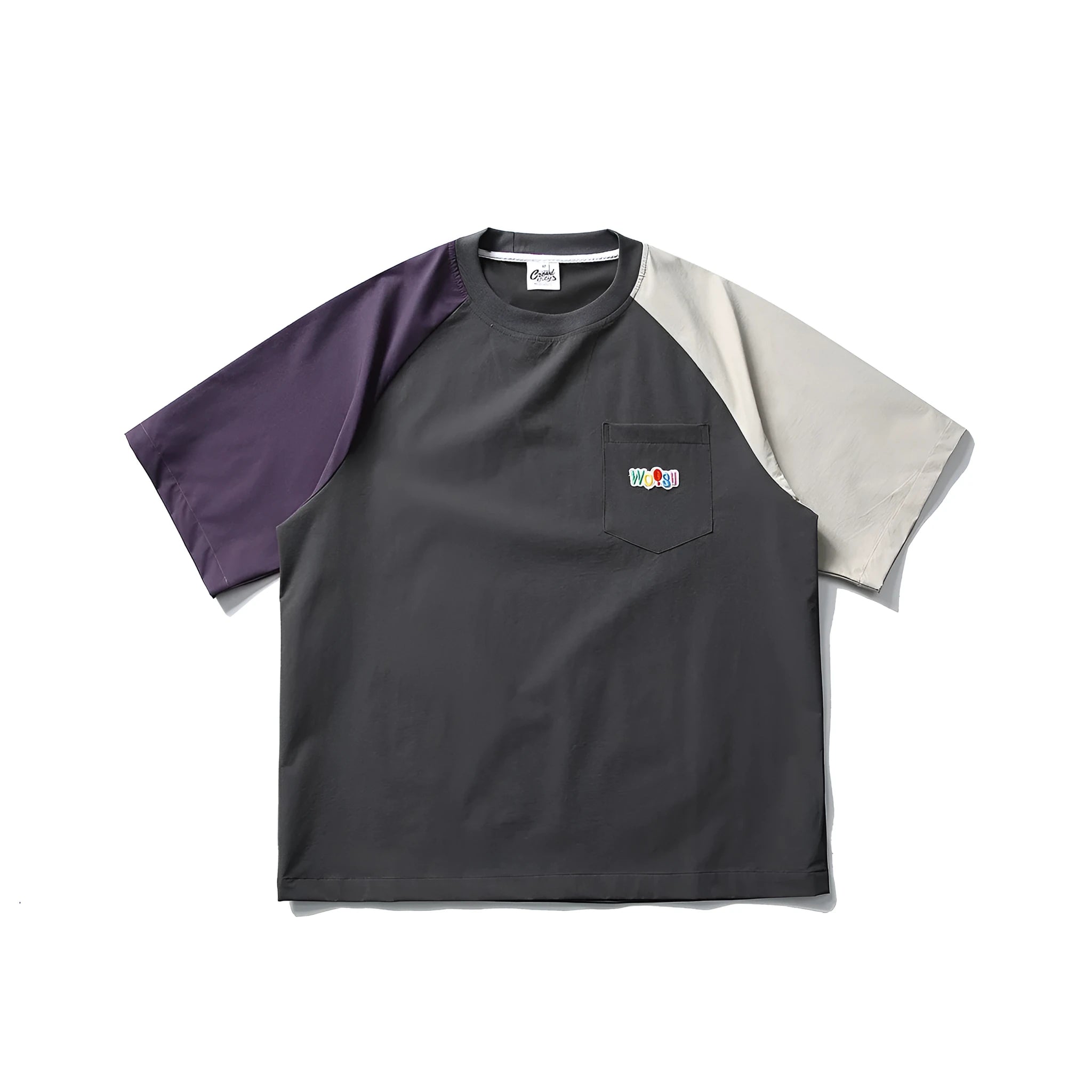 Dark grey men's T-shirt with contrast colour raglan sleeves, loose fit short-sleeved pullover