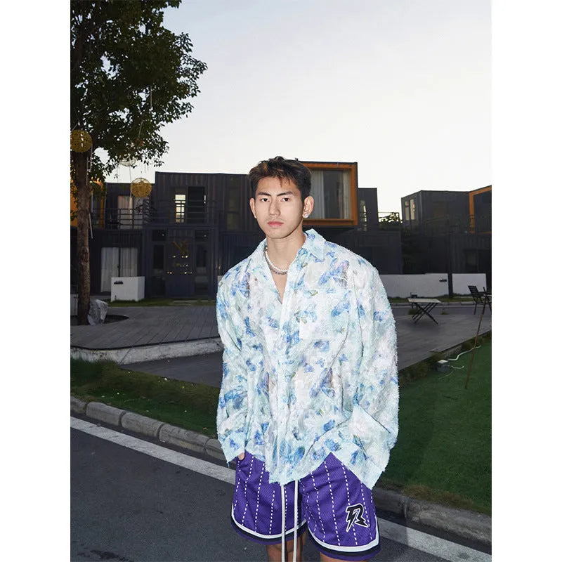 Men's loose fit long sleeve shirt with a raised 3D floral pattern in a pink colour option.