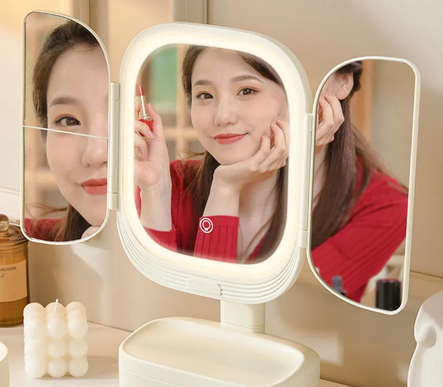 Foldable LED desktop cosmetic mirror with plastic frame, 17.5x11x36cm, in beige
