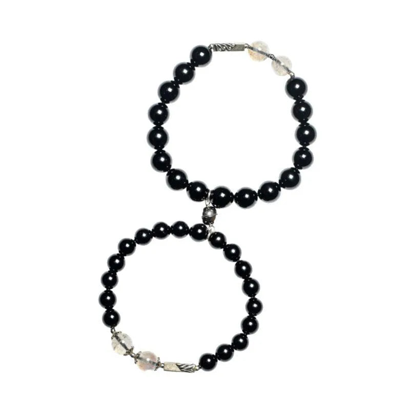 Obsidian Buddha beads couple bracelet DIY kit showing 8mm and 10mm beads with elastic cord