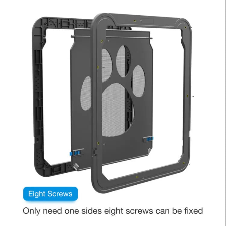 Lockable black pet screen door with ABS frame and nylon mesh for small cats and dogs on a screen window