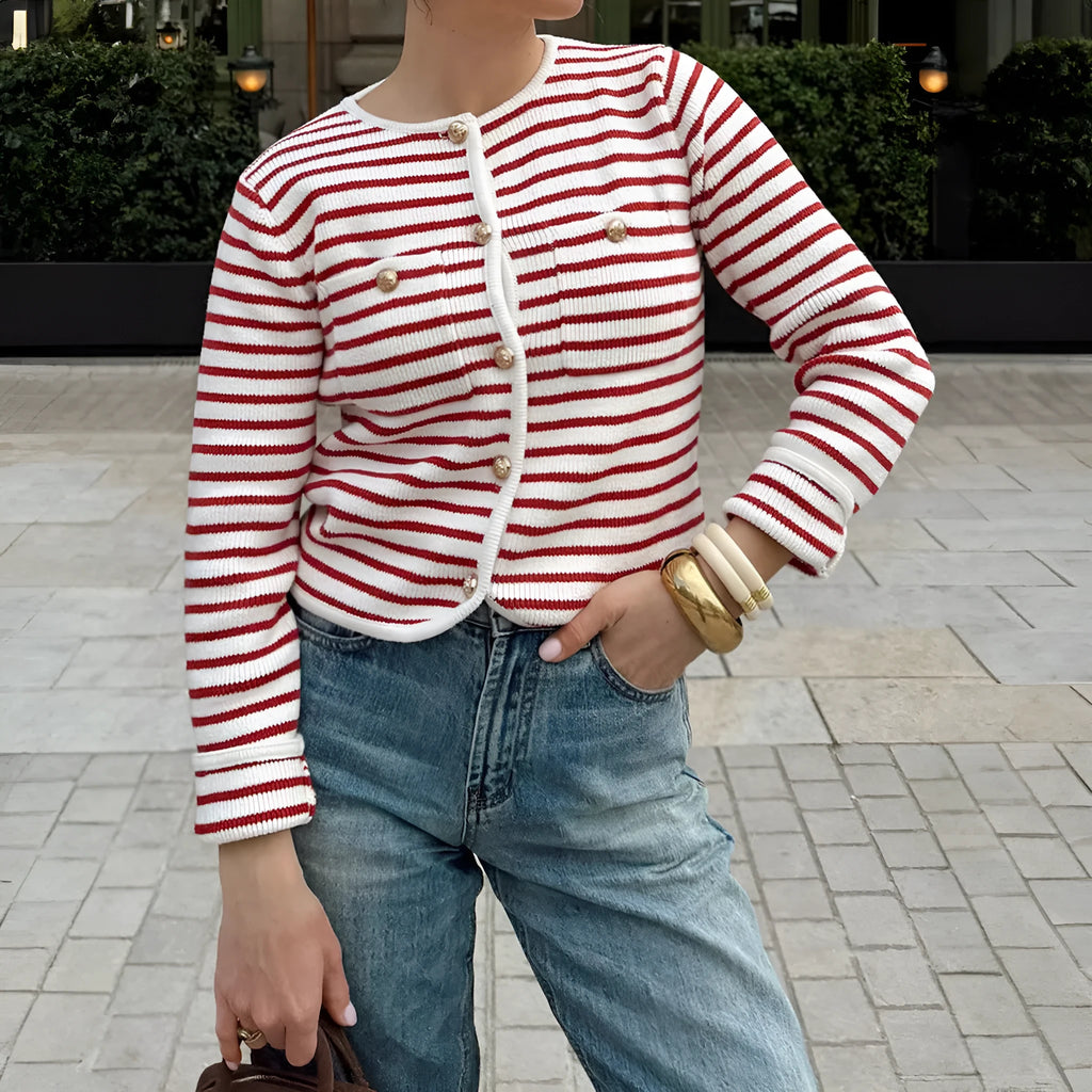 Red and white striped long sleeve button-down shirt in polyester, sizes S to XL