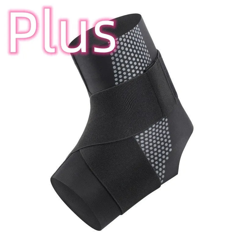 Black Lycra ankle support brace for sports and rehabilitation on an adult ankle