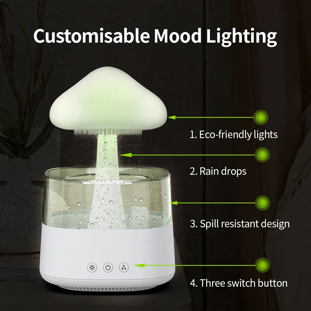 White raining cloud desk humidifier and essential oil diffuser with mushroom lamp night light