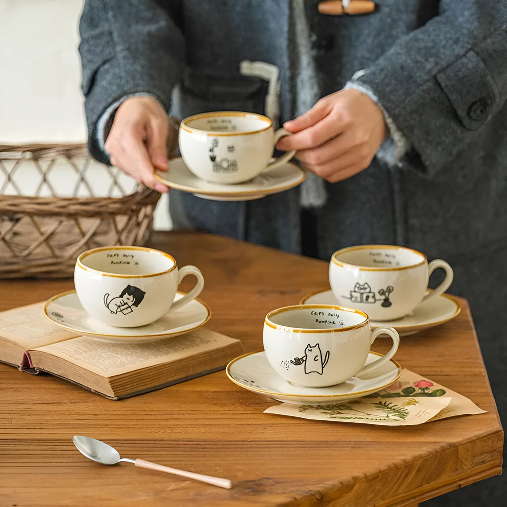 Cute Japanese cat ceramic coffee cup 250ml with healing illustration in Reading design on a table
