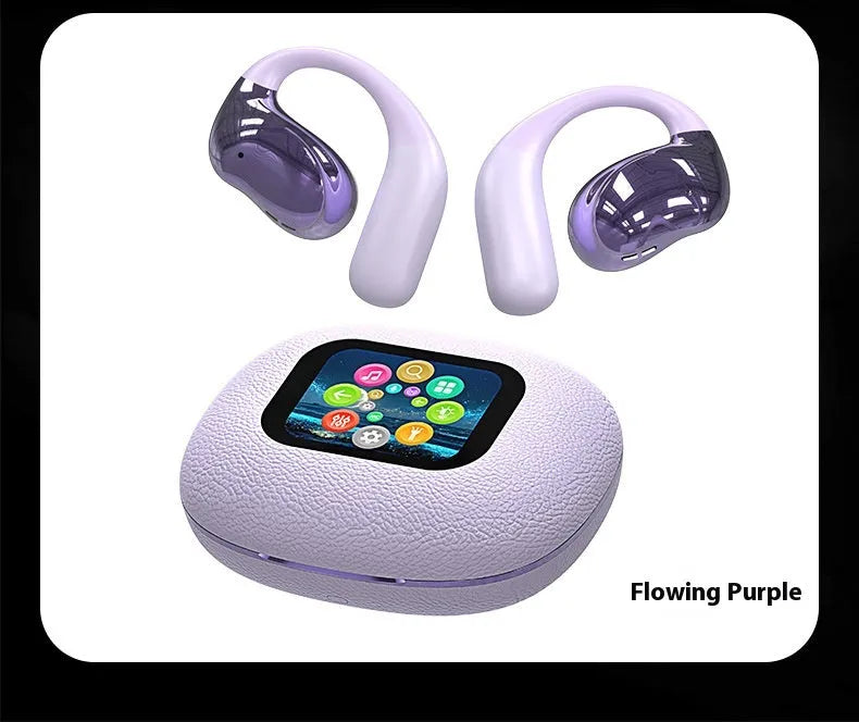 Open ear Bluetooth headset with leather texture finish in black, white, milky white, or purple, featuring digital display and voice control.